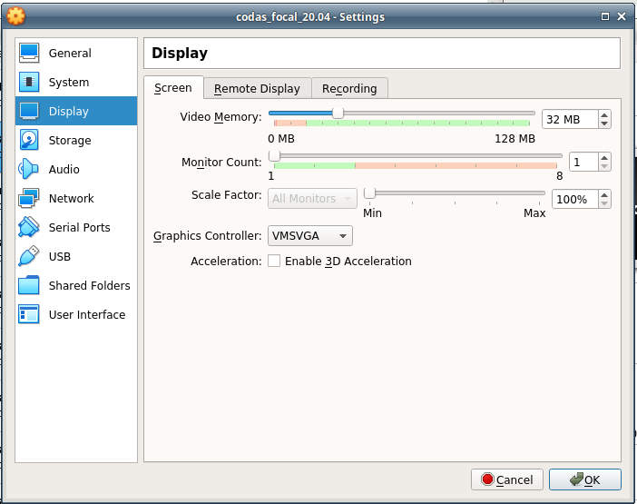 Virtual Box Display Settings
