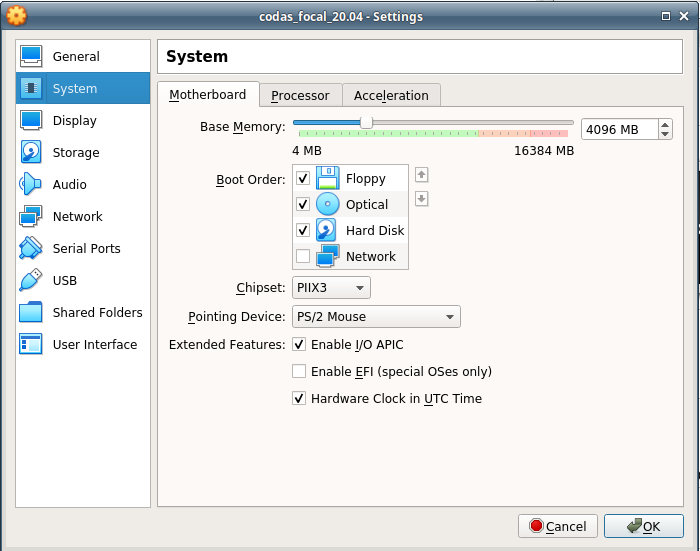 Virtual Box System Settings