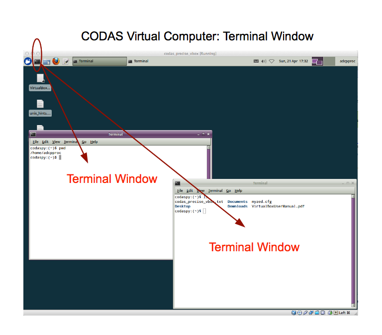 CODAS virtual box navigation: terminal window