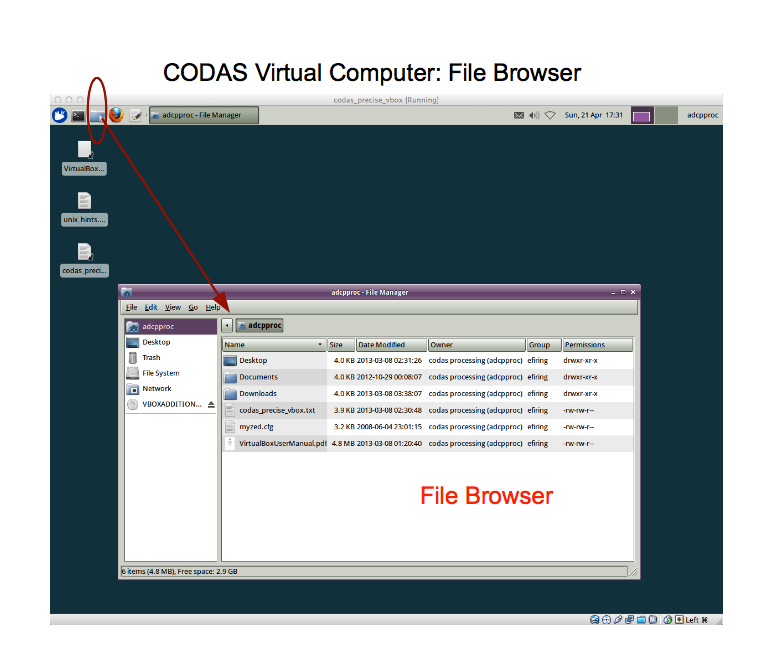 CODAS virtual box navigation: file browser